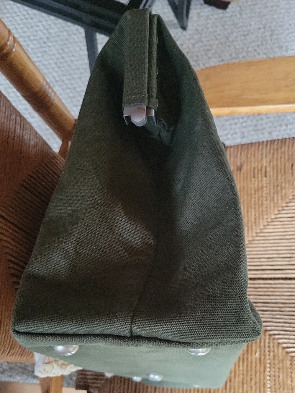 Line of Trade green military duffle sack with brown canvas strap